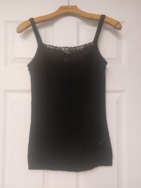 Lace-Trim Black Open-weave Camisole Tank for Women